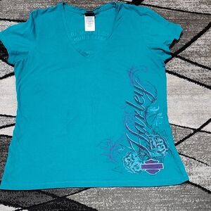 HARLEY DAVIDSON 2018 TEAL BAR & SHIELD ROSES GRAPHIC V-NECK TEE-SHIRT XL